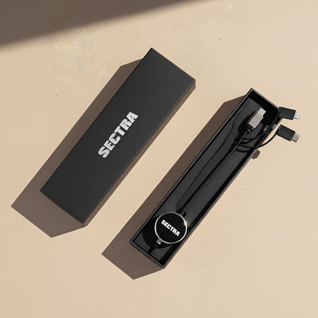 Sectra-m&auml;rkt laddningskabel med flera kontakter i en &ouml;ppen svart presentf&ouml;rpackning.