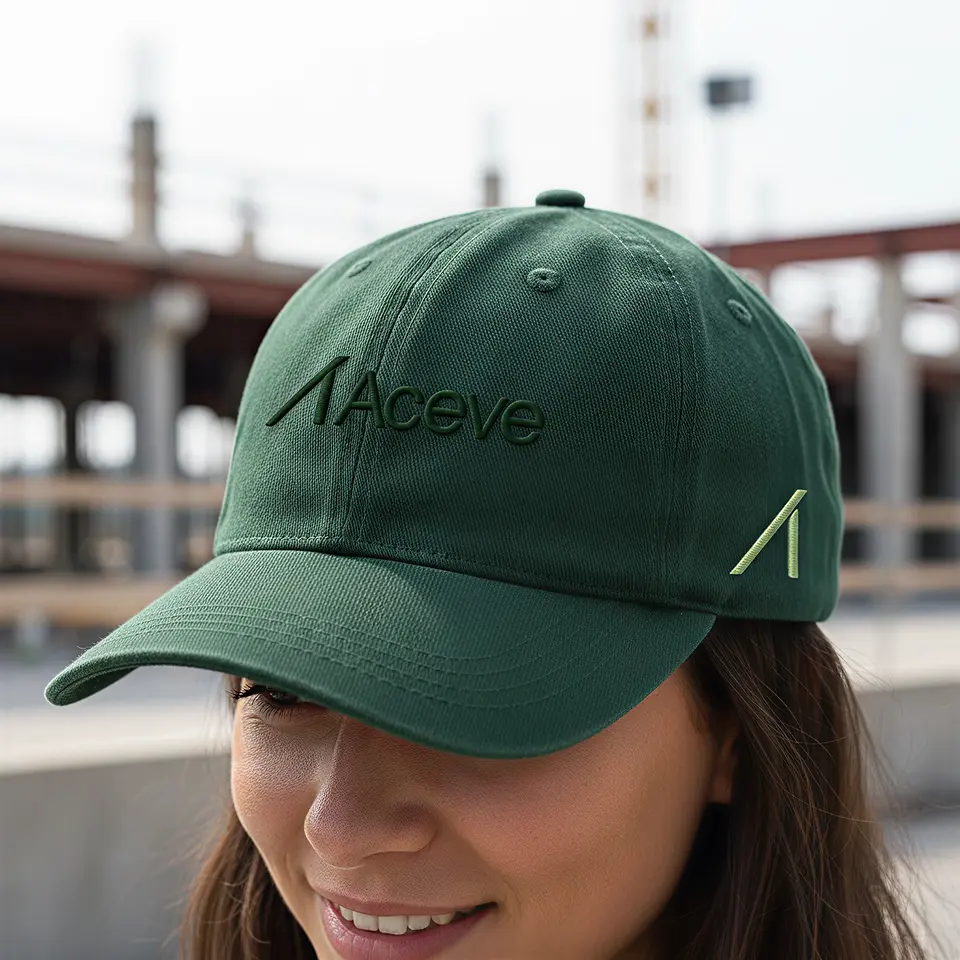 Kvinna som b&auml;r en m&ouml;rkgr&ouml;n keps med Aceve-logotyp.