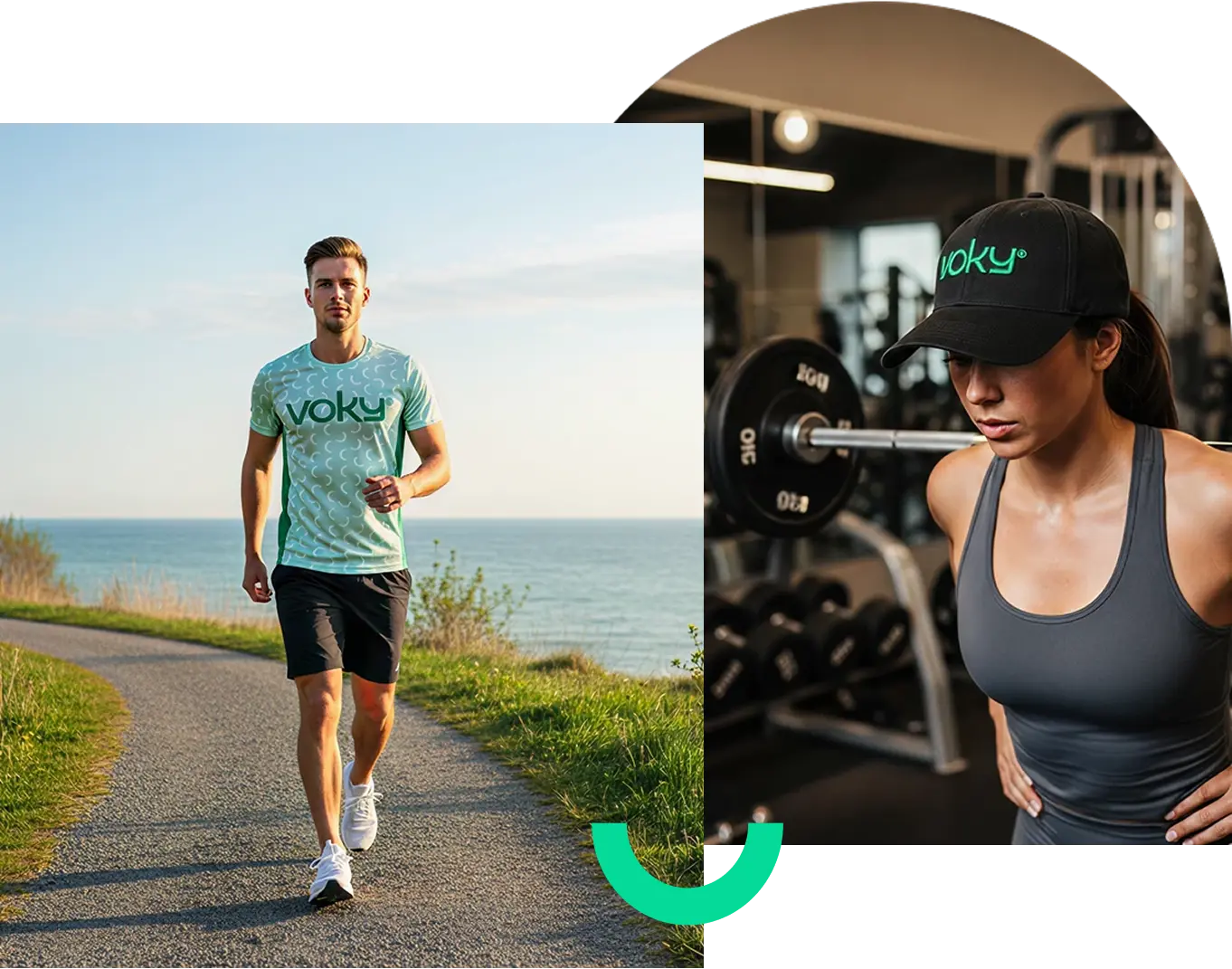 Man springer utomhus i Voky-märkt träningströja, och kvinna tränar på gym med Voky-keps.