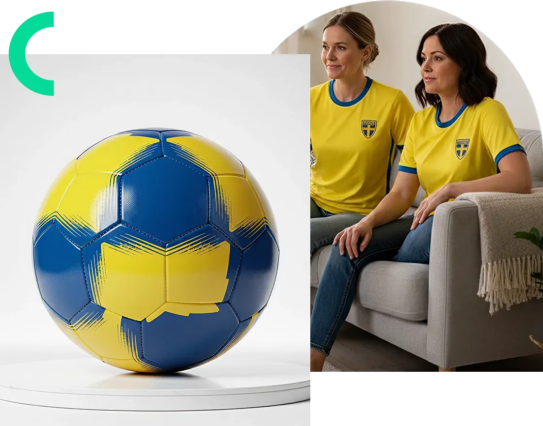 Fotboll i svenska färger och två kvinnor i gula Sverige-tröjor som tittar på match.