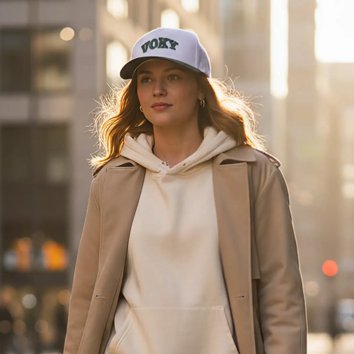 Kvinna i vit Voky-keps och beige kappa på stadsgata.